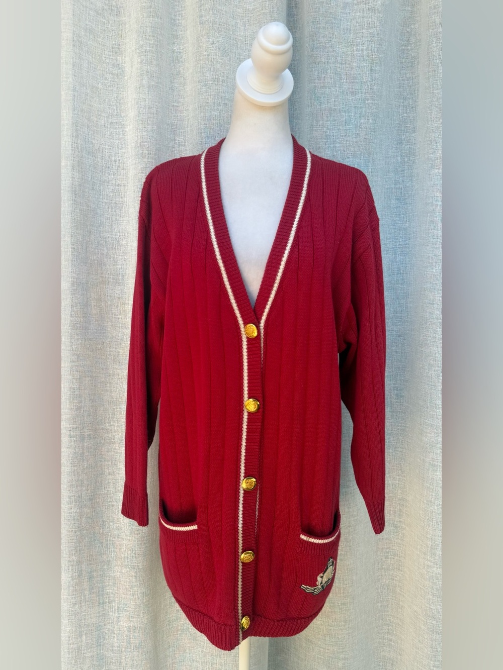 Bogner red grandpa style cardigan embroidered crest